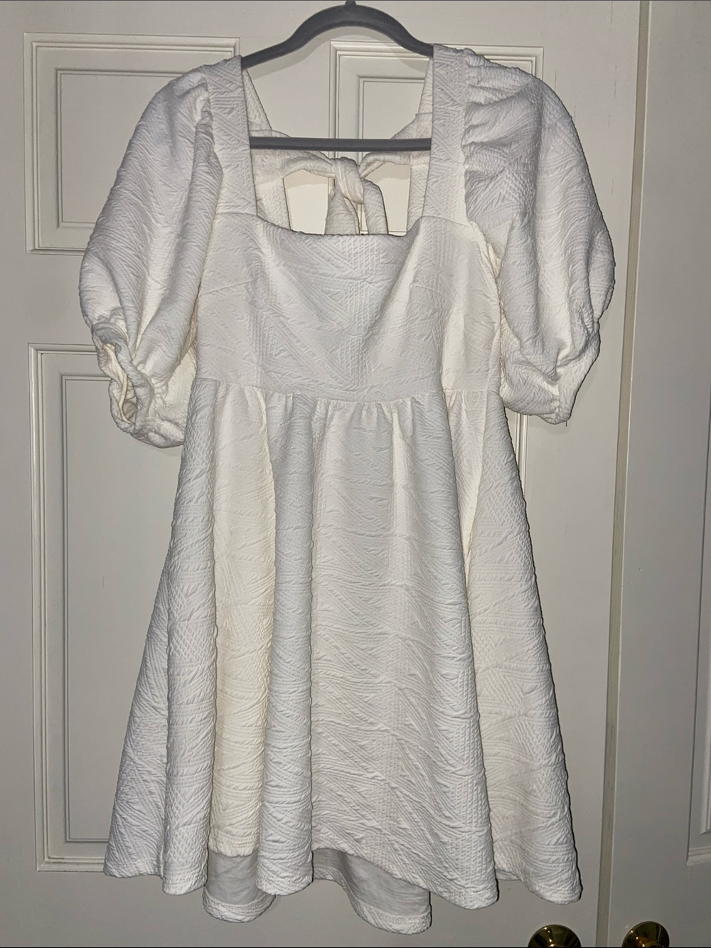 Free People White Puff-Sleeve Textured Mini Dress